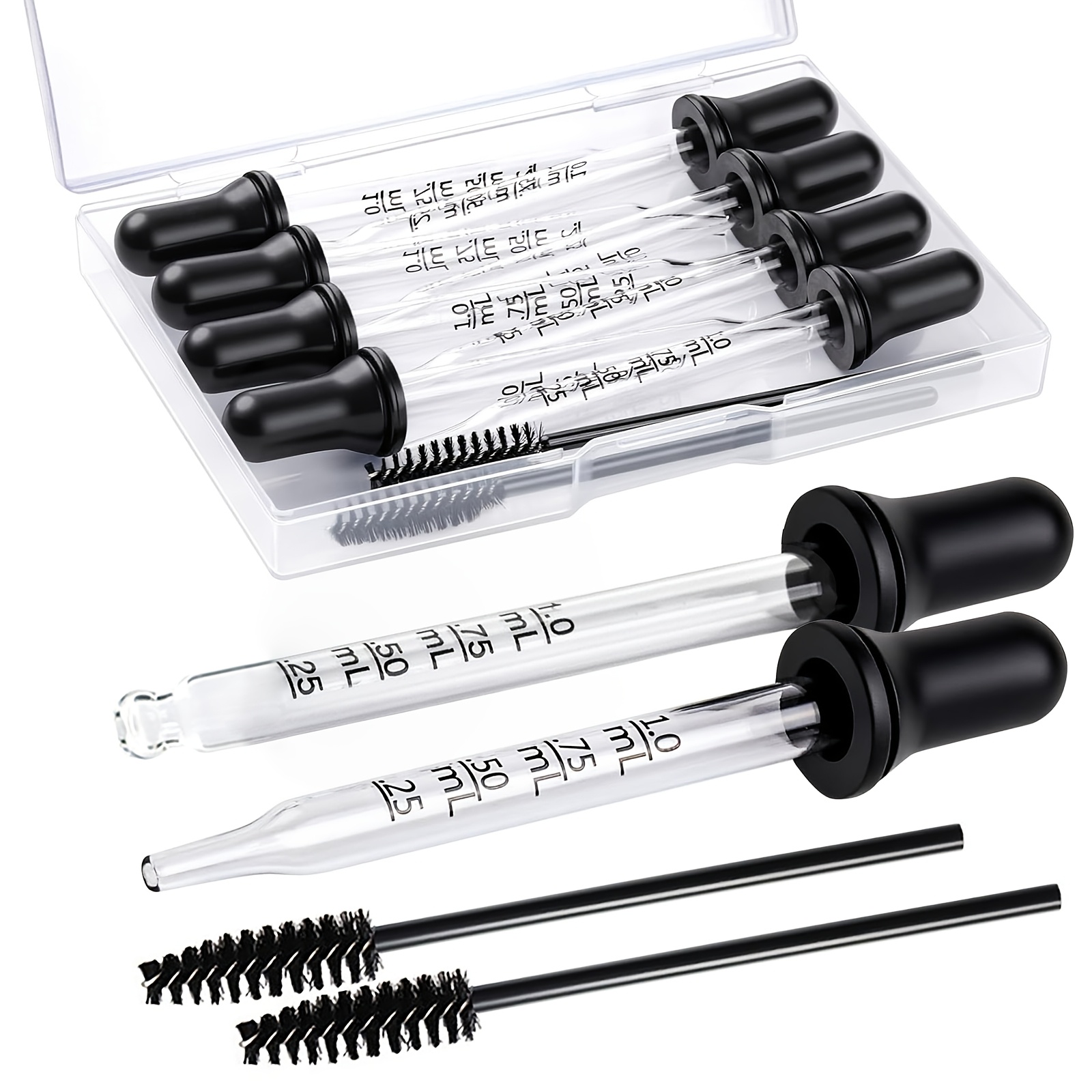 Image of 10pcs Glass Dropper Set (8 Droppers And 2 Cleaning Tools) 1ml Graduated Droppers: 4 Round-tip And 4 Straight-tip Essential Oil Droppers