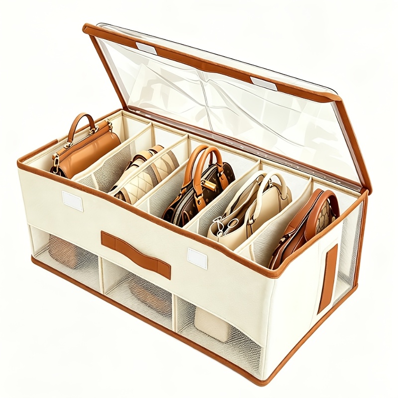 TEMU 1 boîte de rangement pour sac à main à 5 compartiments avec couvercle transparent, dotée d'un design en tissu avec une poignée et un couvercle à