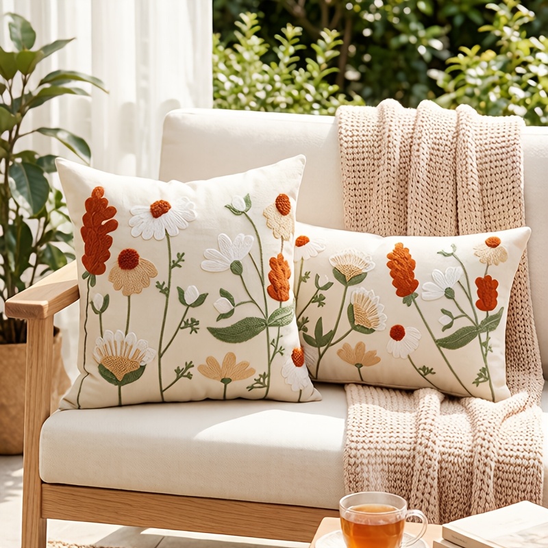 1pc canvas embroidered throw pillow covers 12x20 inch summer decorative pillow covers with zipper aesthetic cute design throw pillowcases for couch sofa bed home decor room decor wild floral no insert