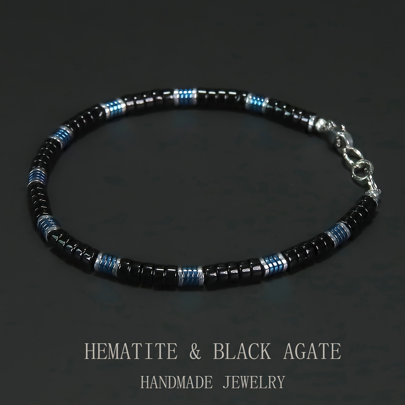 TEMU Men's Blue Wavy Black Agate Bracelet: Stylish And Unique, Symbolizing Strength And Power. Stone Bracelet That Exudes Masculine Charm— Gift For