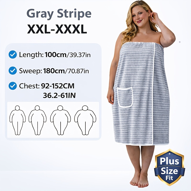 TEMU Women's Plus Size Bath Towel Wrap Dress, Soft Striped Shower Robe With Pockets, Adjustable Wearable Spa Towel, Soft Absorbent Shower Spa Towel,