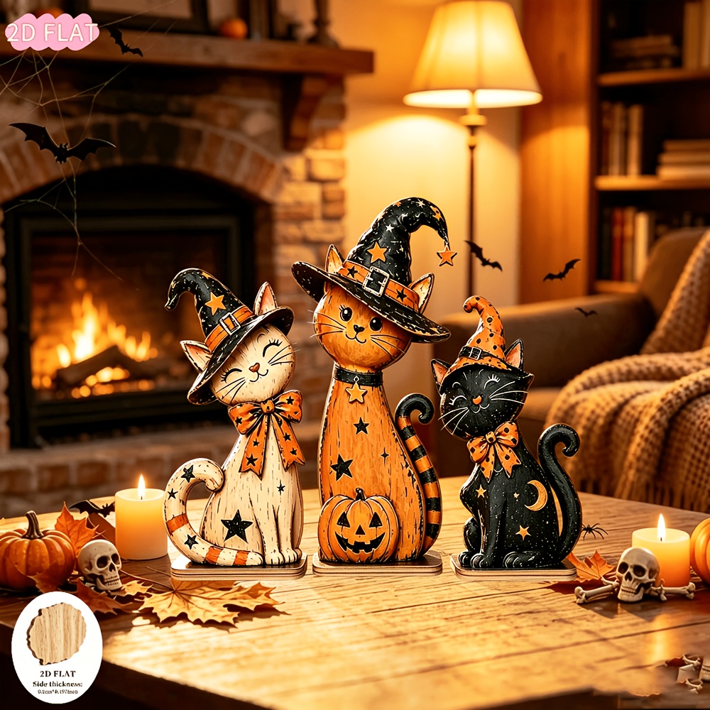 TEMU Set di 3 ornamenti da scrivania in legno a forma strega 2D piatta per Halloween, decorazione retr簷 in stile con gatto che indossa cappello da
