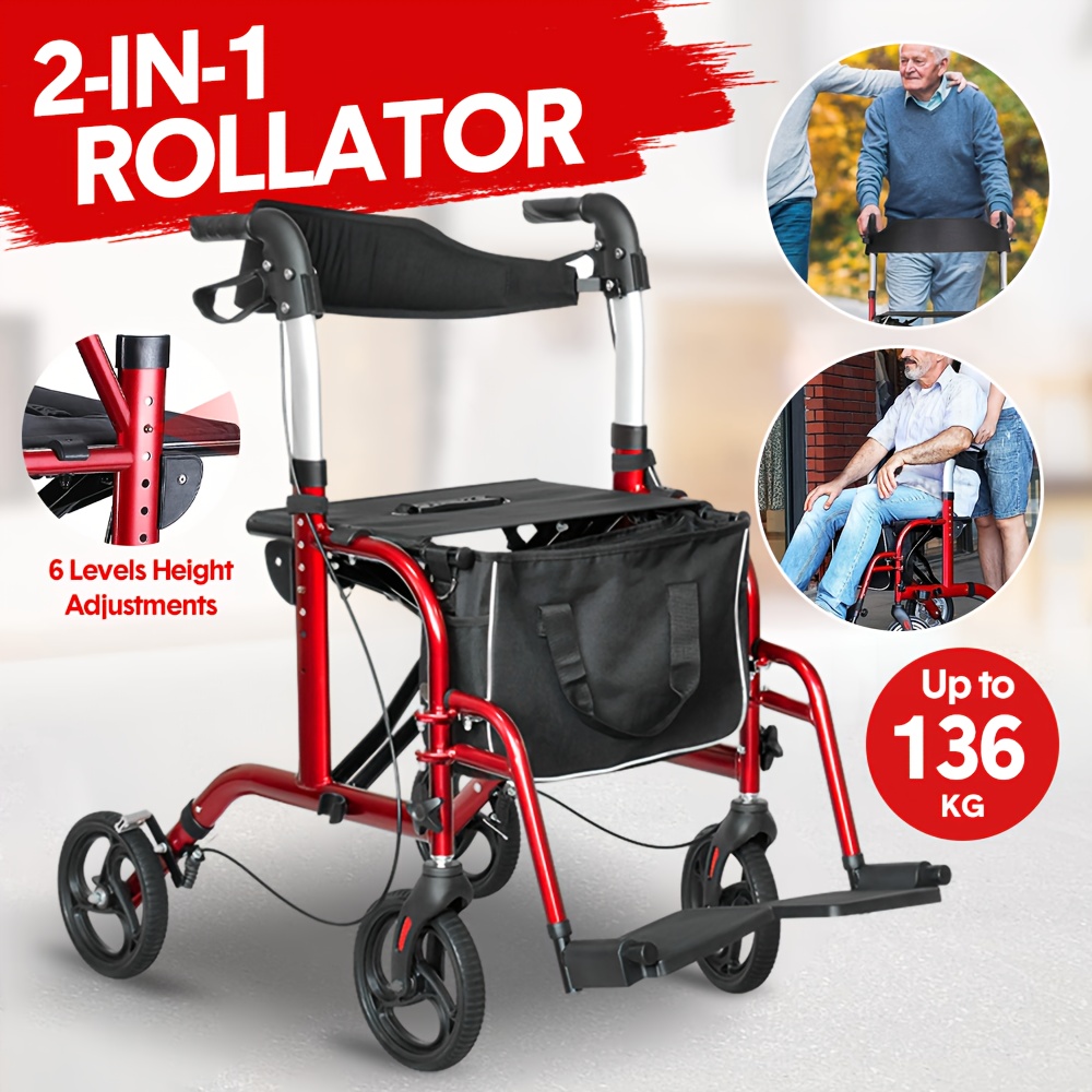 2-in-1 Rollator Walker & Mobility Aid with Padded Seat, Adjustable Handle & Reversible Backrest - Red Convertible Wheelchair Walking Frame for Elderly, Seniors, Limited Mobility - Indoor/Outdoor Use, Versatile Mobility Aid | Comfortable Design | Padded Seat Feature