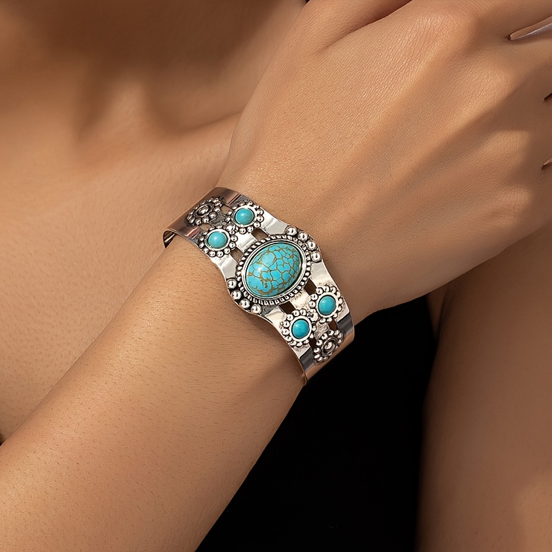 a vintage bohemian style women's bracelet made of metal with artificial turquoise inlay and an | Shop Trends | Temu Australia