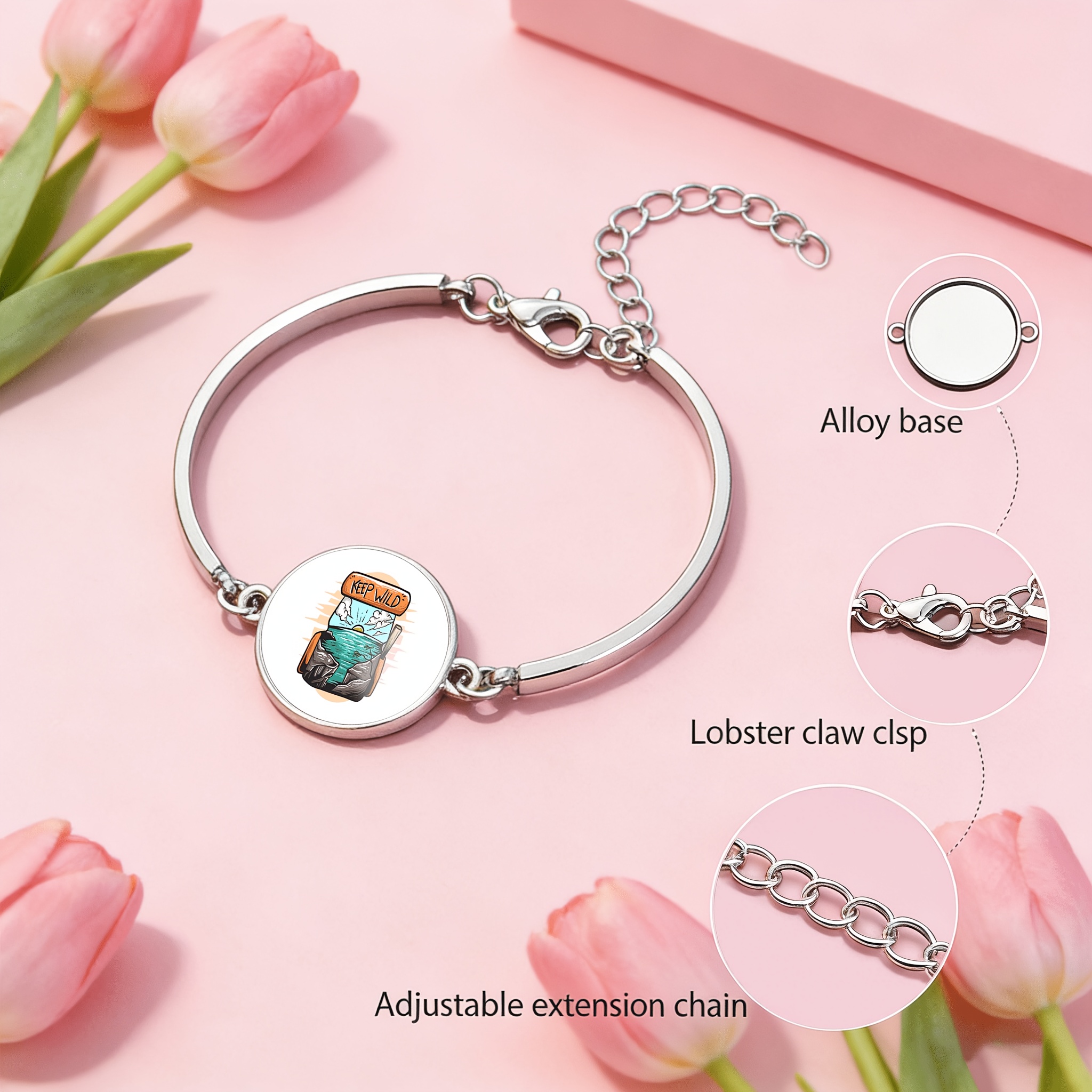 Adjustable Classic Bangle with Round Time Gem Inlay