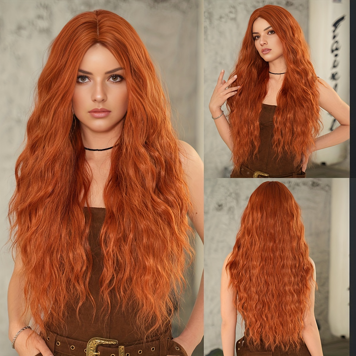 Image of Women's Long Wavy Curly Orange Wigs Mid Part Synthetic Wigs Daily Use Heat Resistant Music Festival Party Use Fake Hair