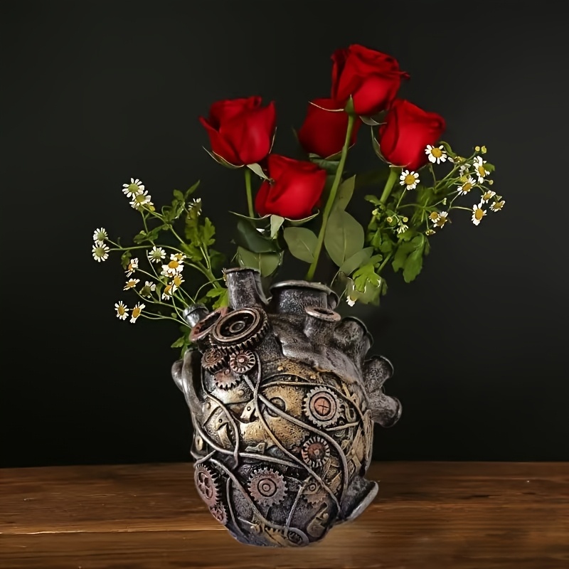 Image of Cyberpunk Simulation Mechanical Heart Ornament, Creative And Technological Home Decoration Heart-shaped Flower Arrangement Resin Crafts, Vases, Flower Arrangement Tools, Decorations