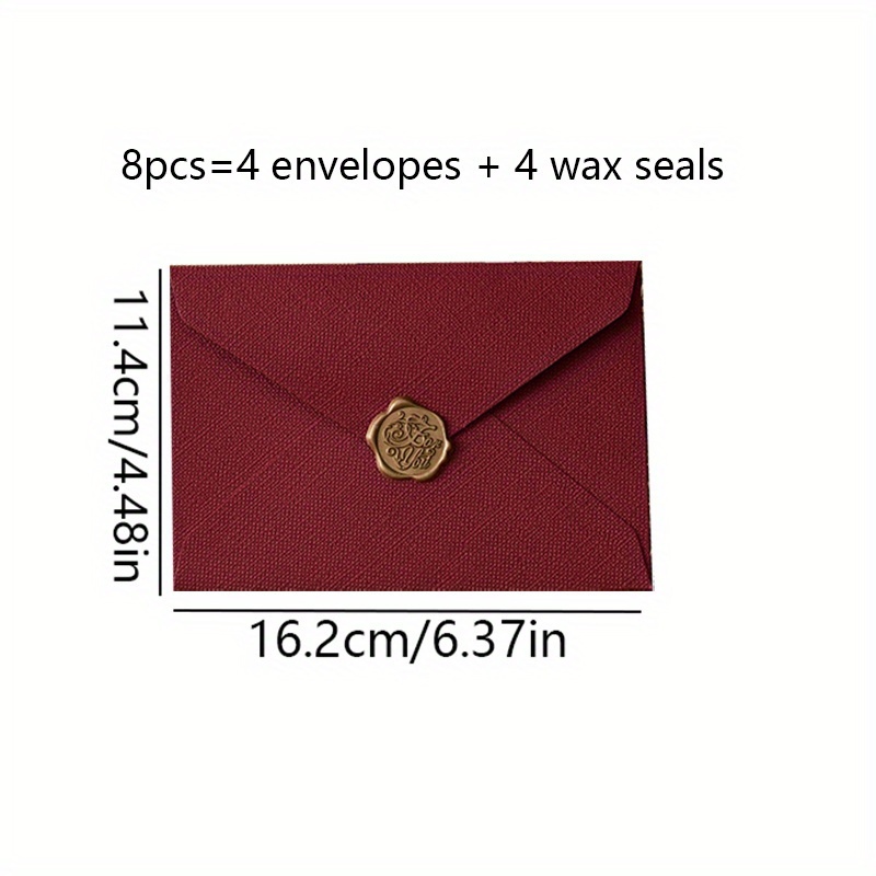 E-shop 8-teiliges Premium Retro Rotes Jute Textur Umschlag Set, Enthält 4 Umschläge + 4 Wachs Siegel Stempel, für jeden Anlass