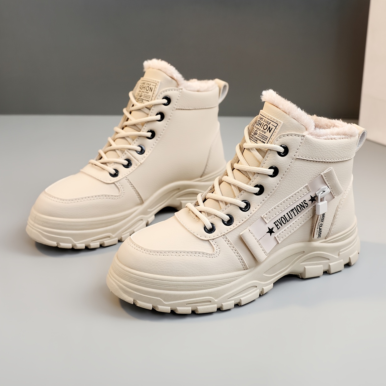 Botas de invierno para mujer CNSN, con forro polar, suela de goma, tacón medio, color negro y blanco, ideales para salidas casuales, viajes y actividades al aire libre, calzado de invierno, botas de invierno con estilo, interior con forro polar