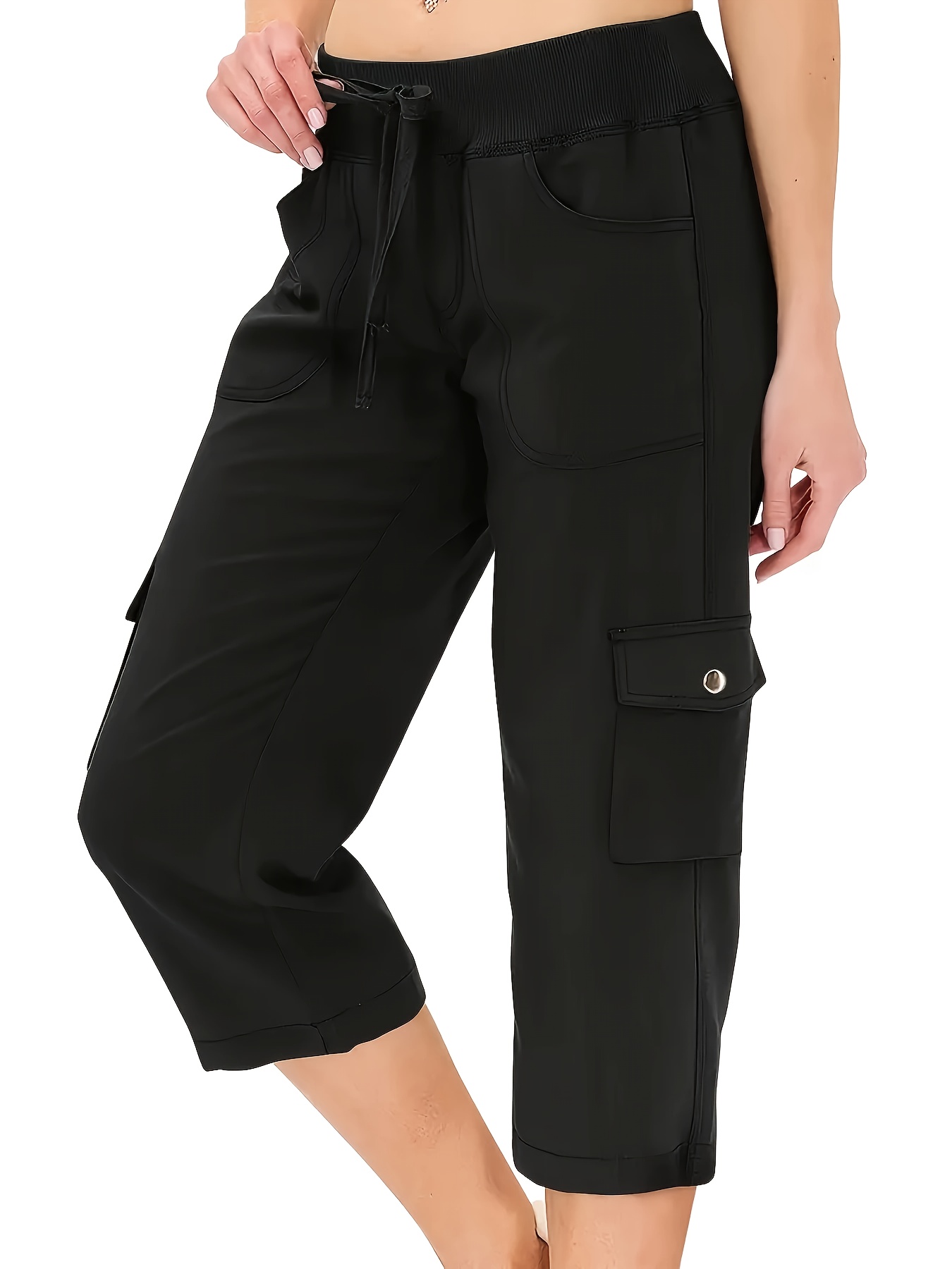 Women'S Casual Cargo Pants with Elastic Drawstring Waist Lightweight  160g/m² Polyester, Multiple Pockets, Straight-Leg 7/8 Length for  Spring/Summer/