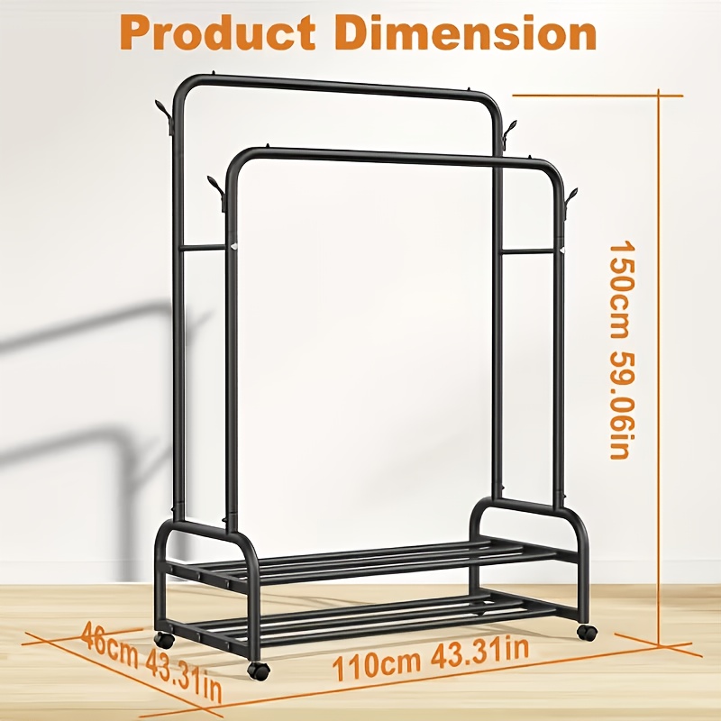 Sturdy Metal Double-Rail Garment Rack with Wheels -Portable Clothing Rack with Shelves And Hooks -Heavy-Duty Clothes Hanger Stand- Multifunctional Bedroom Closet Organizer -Black