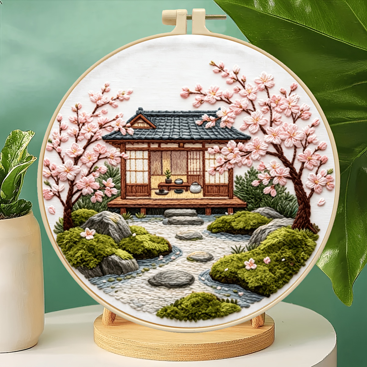 TEMU 1 Set Embroidery Kit Japanese Courtyard Handmade Material Pack Beginner Full Tool Landscape Home Decoration Decompression Handmade Hanging