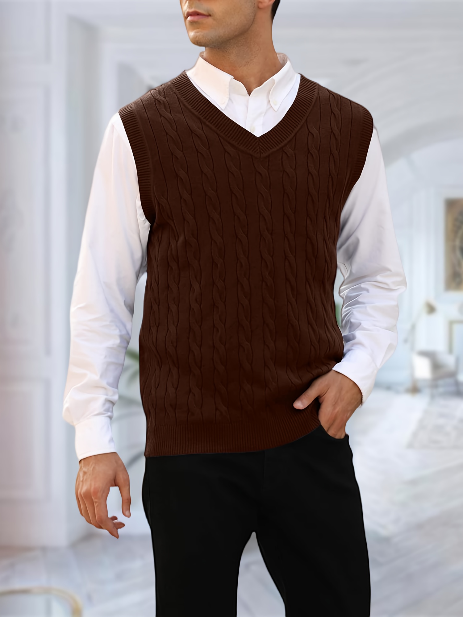 mens acrylic knit sweater vest casual v neck sleeveless - Temu
