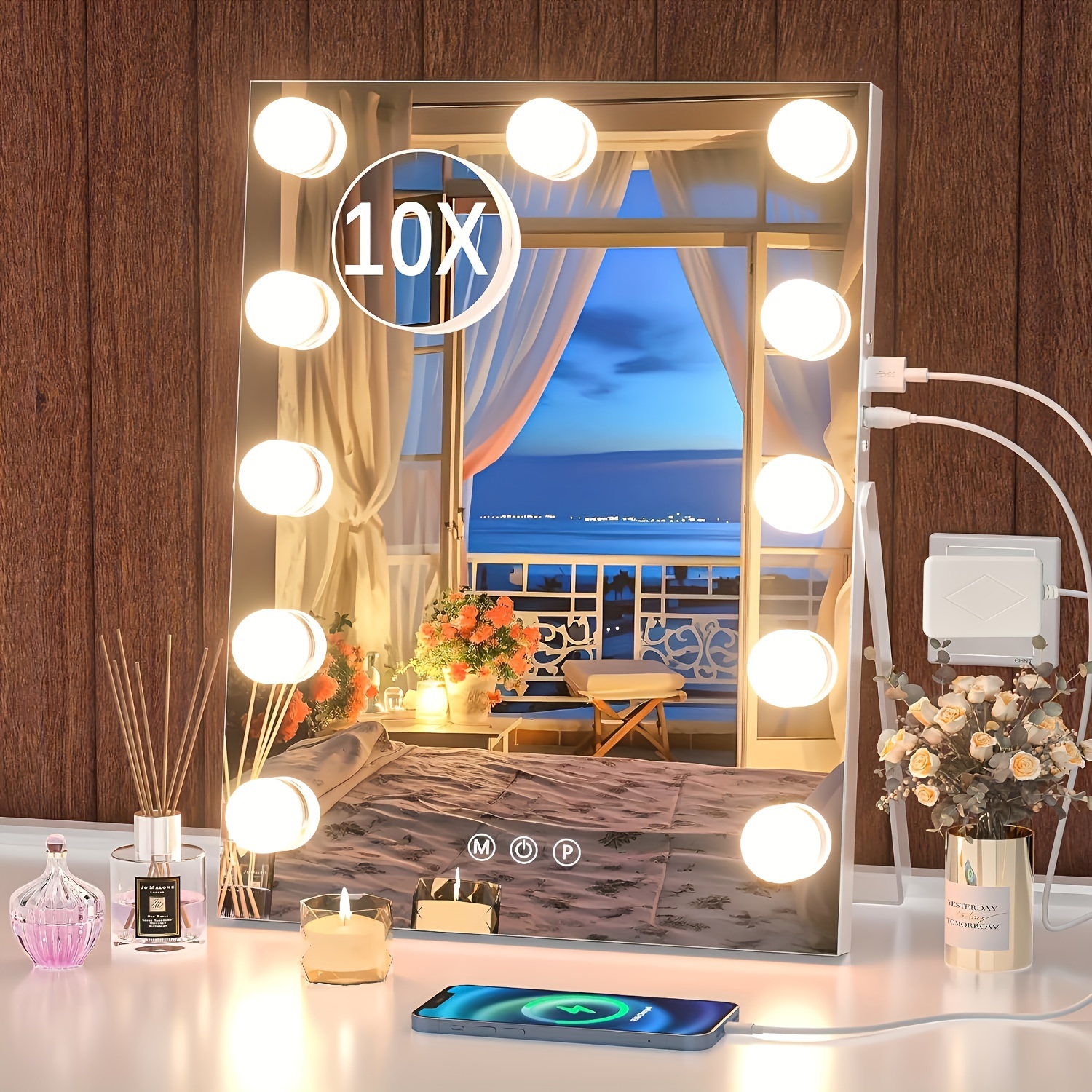 Espejo de tocador con luces, 9 bombillas LED Hollywood desmontable, 10  aumentos, espejo de tocador iluminado, diseño de control táctil, 3 colores