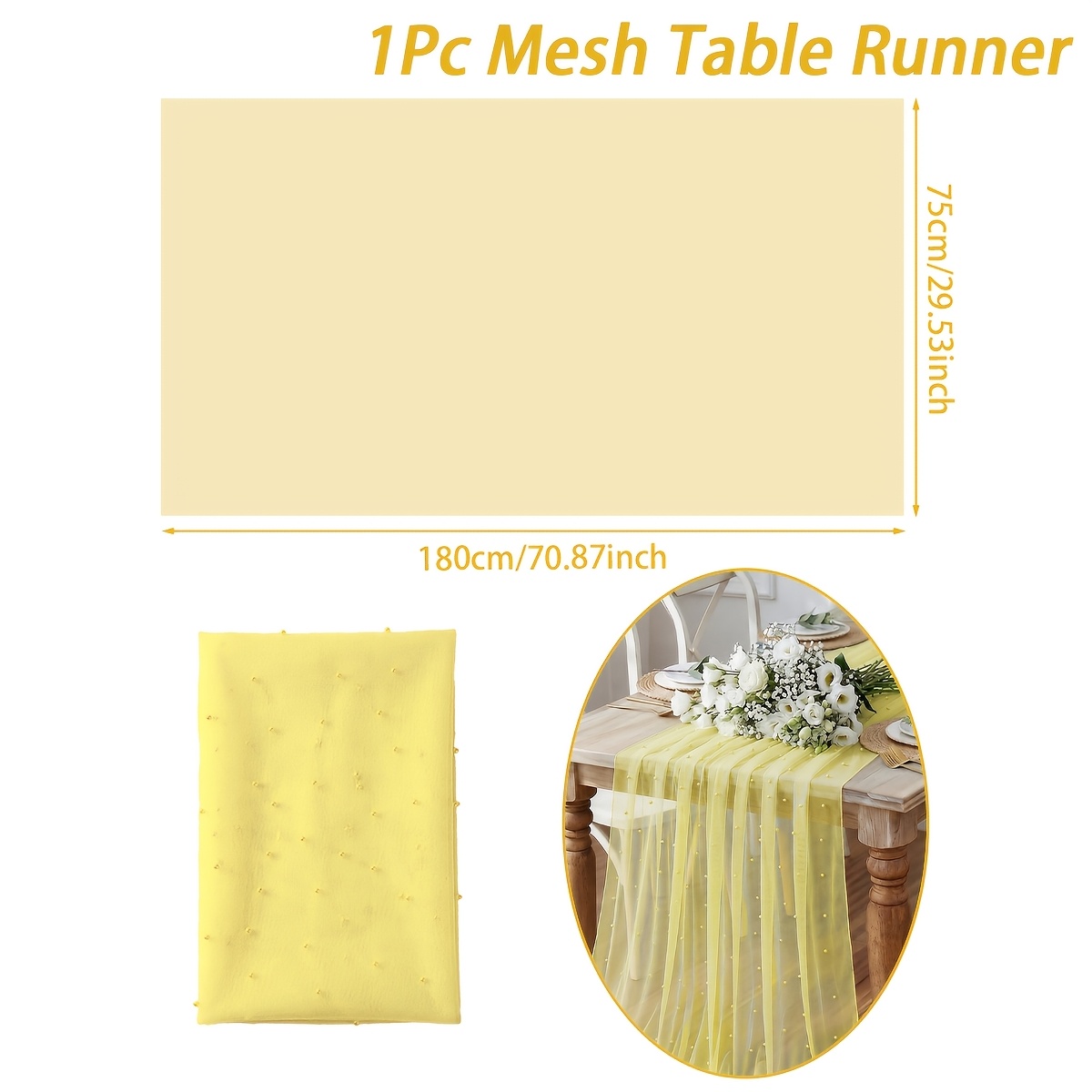 TEMU 1pc, Pearl Yellow Gauze Table Runner, 75 X 180cm, Pearl Pattern Mesh Table Cover, Party Tablecloth, Tulle Table Runner For Dining Table, Ideal