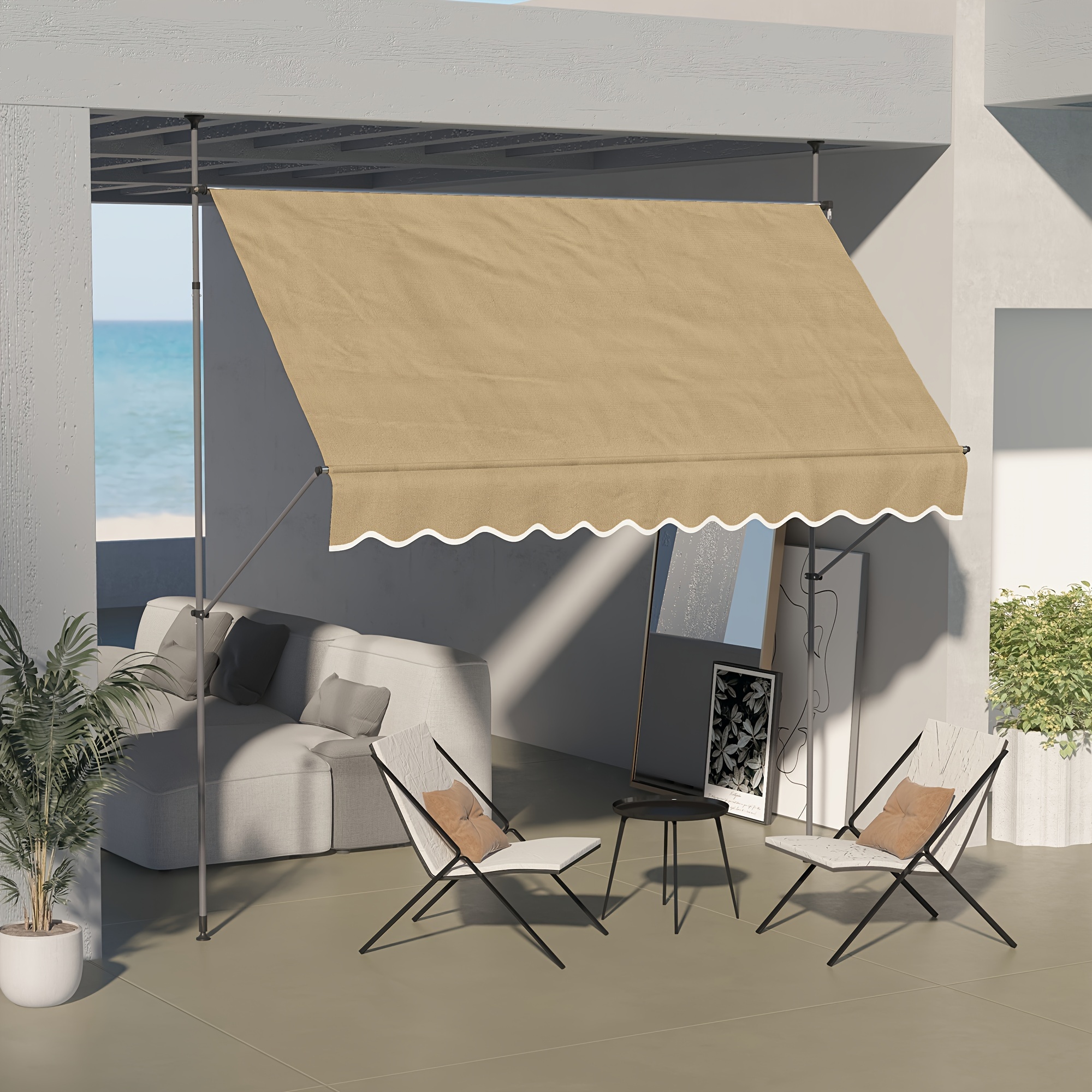 

Outsunny Manual Retractable Awning, 118" Non-screw Freestanding Patio Sun Shade Shelter With Support Pole Stand And Uv Resistant Fabric, For Window, Door, Porch, Deck, Beige