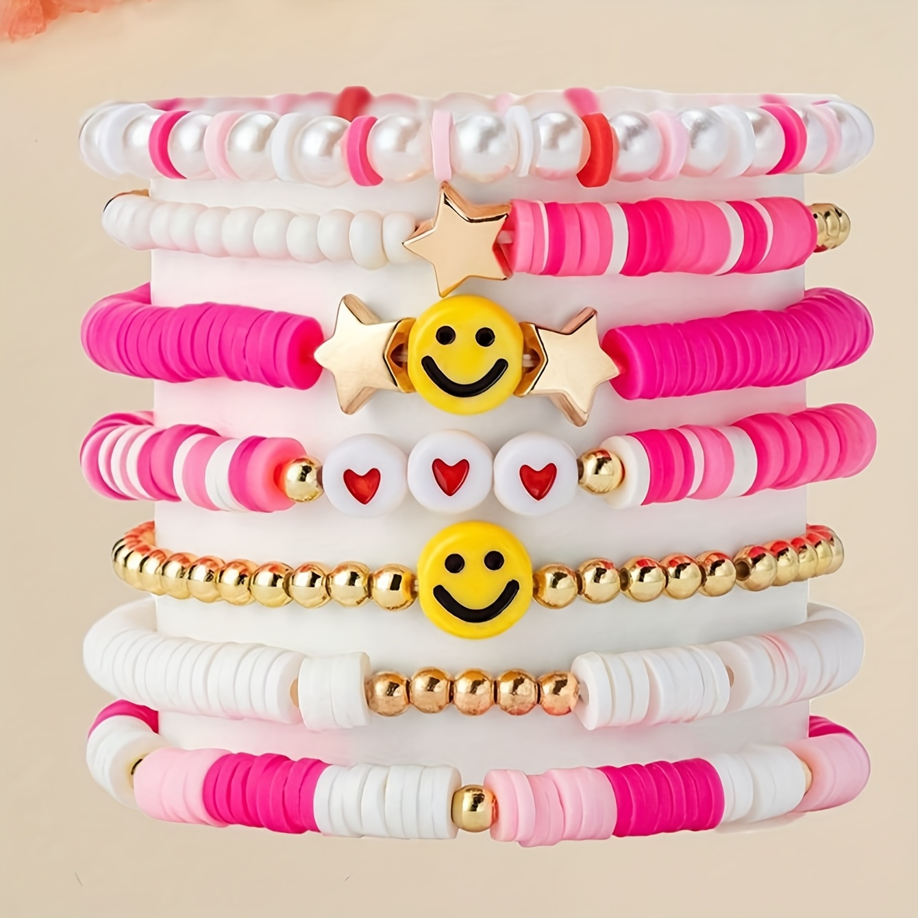 Image of 7pcs Bohemian Star And Clay Beaded Bracelet With Rice Beads, Suitable For Girls' Daily Wear