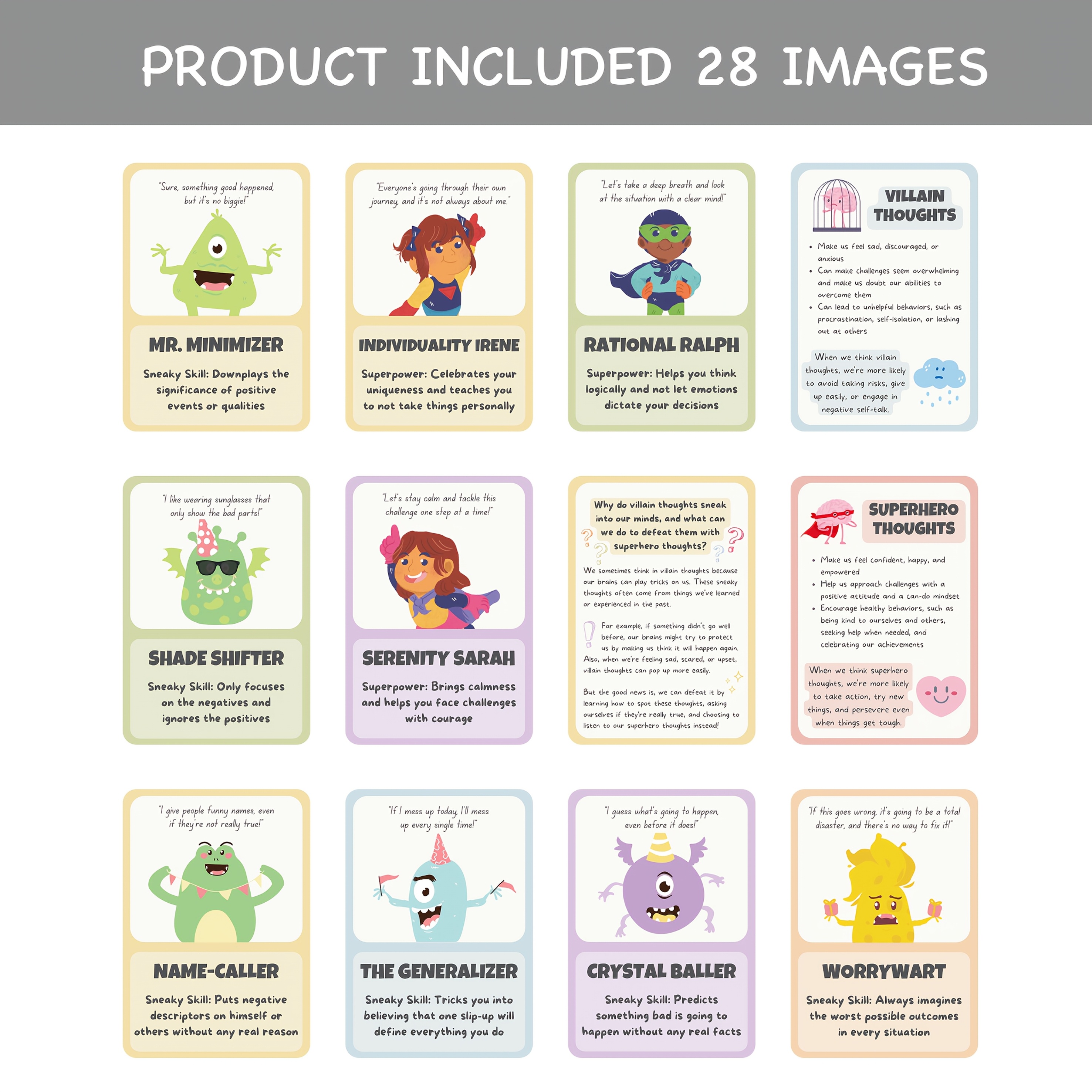 TEMU 28 Superhero Vs Villain Cards For Kids | 2.75 X 3.9 Inch, , Negative Thinking Traps, Coping Skills, Emotional Regulation, Mindfulness, Relief,