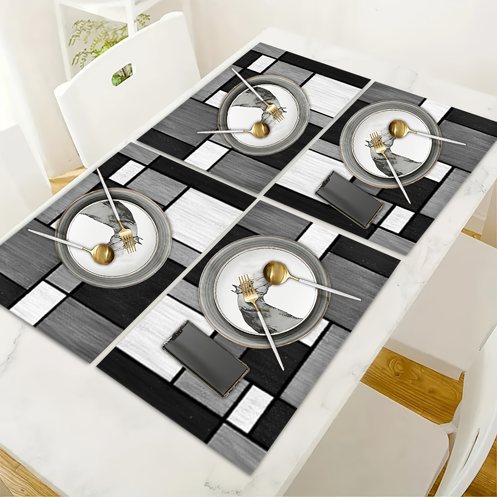 

4/6pcs Gray Pattern Placemats, Square Kitchen Table Decoration, Suitable For Banquets, , Home Supplies, Party Decorations, Holiday Decorations