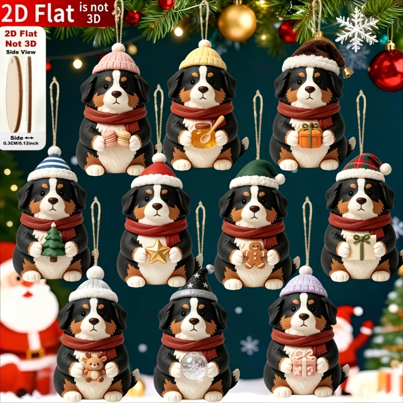 TEMU 2D Plat 10pcs Ornements de Noël en bois style jouet en émail Chien des Alpes Bernois, décoratives imprimées d' de fête classiques, idéal pour la