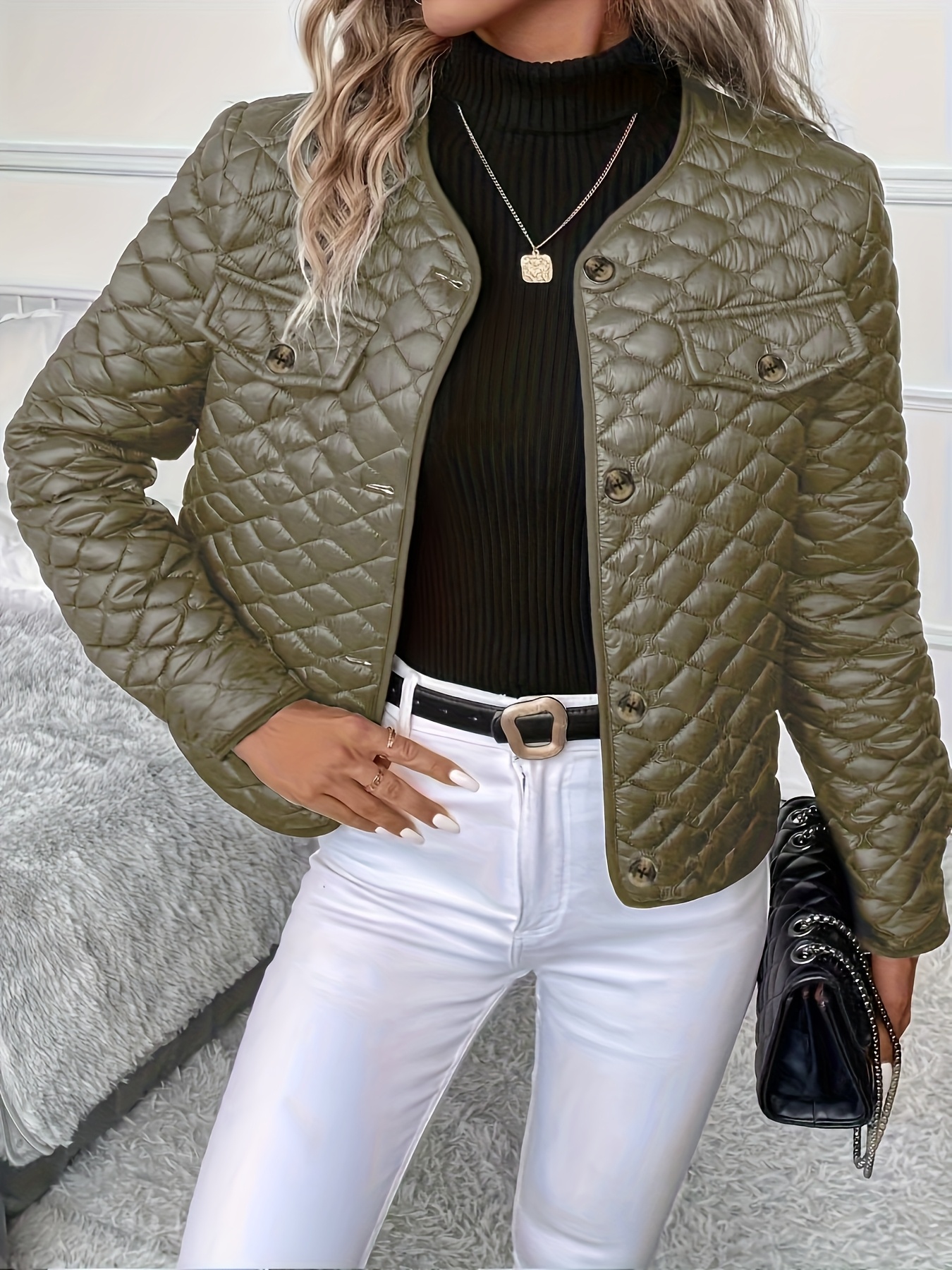 solid color long sleeve lapel detail quilted coat green 4