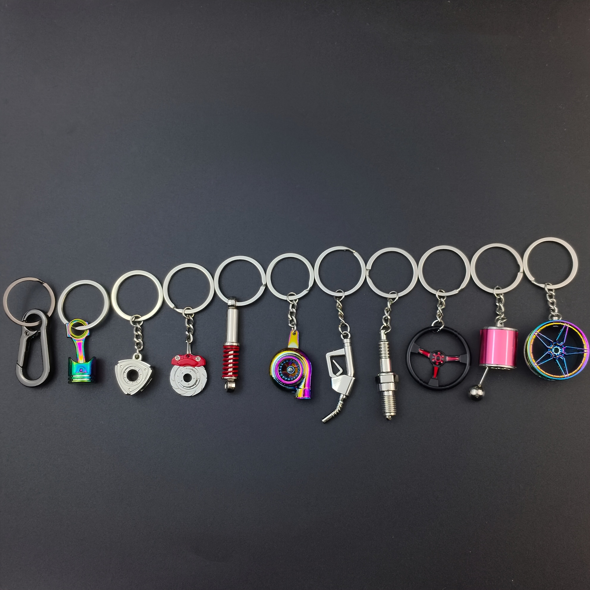 TEMU 11pcs Creative Car Piston, Turbo, Wheel , Gear Shift, Steering Wheel, Rotor, Brake Disc, Shock Absorber, Fuel Nozzle, Spark Plug, And Keychain
