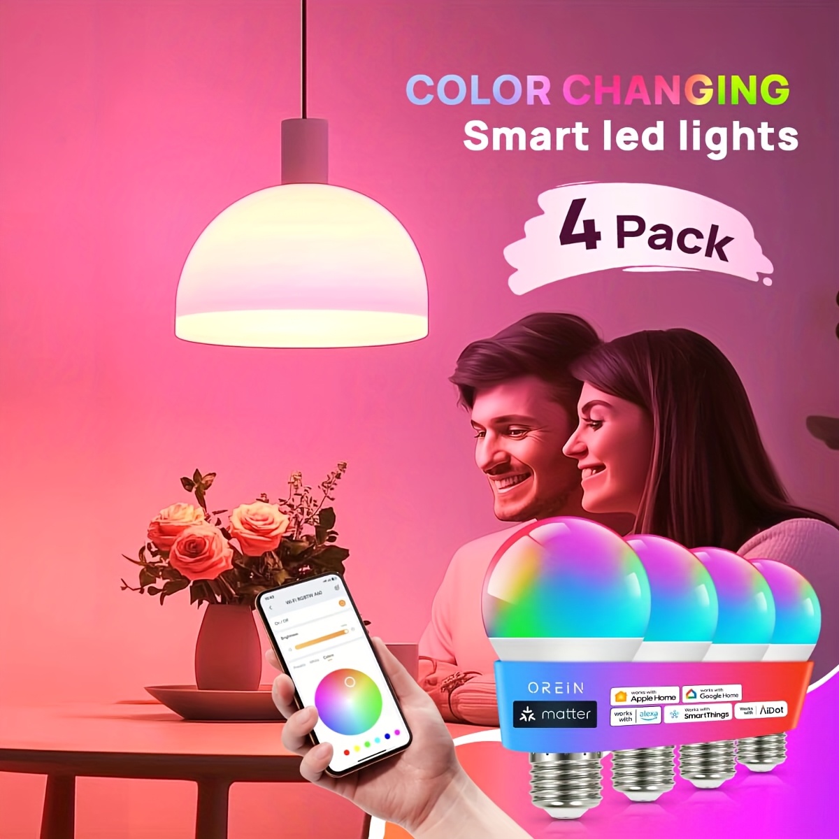 

4pcs Orein Smart Led Light Bulbs - Vibrant Color Changing, Music , Wifi , Compatible With Apple Home, , Assistant & - Ideal For Christmas & Room Decor, 2.4ghz Wifi, A19, Music Lighting