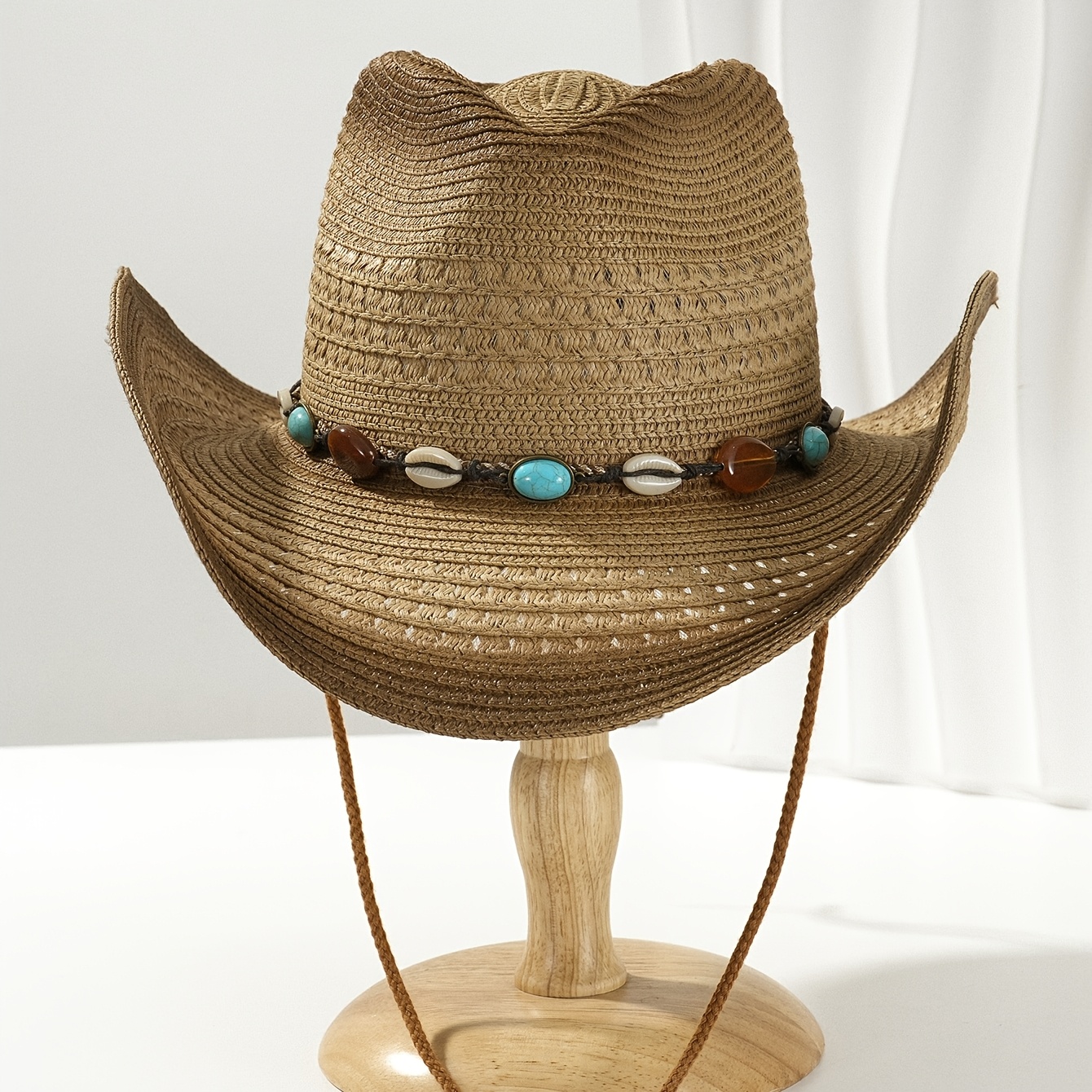 1pc boho cowboy straw hat women men turquoise shell - Temu  display picture 2