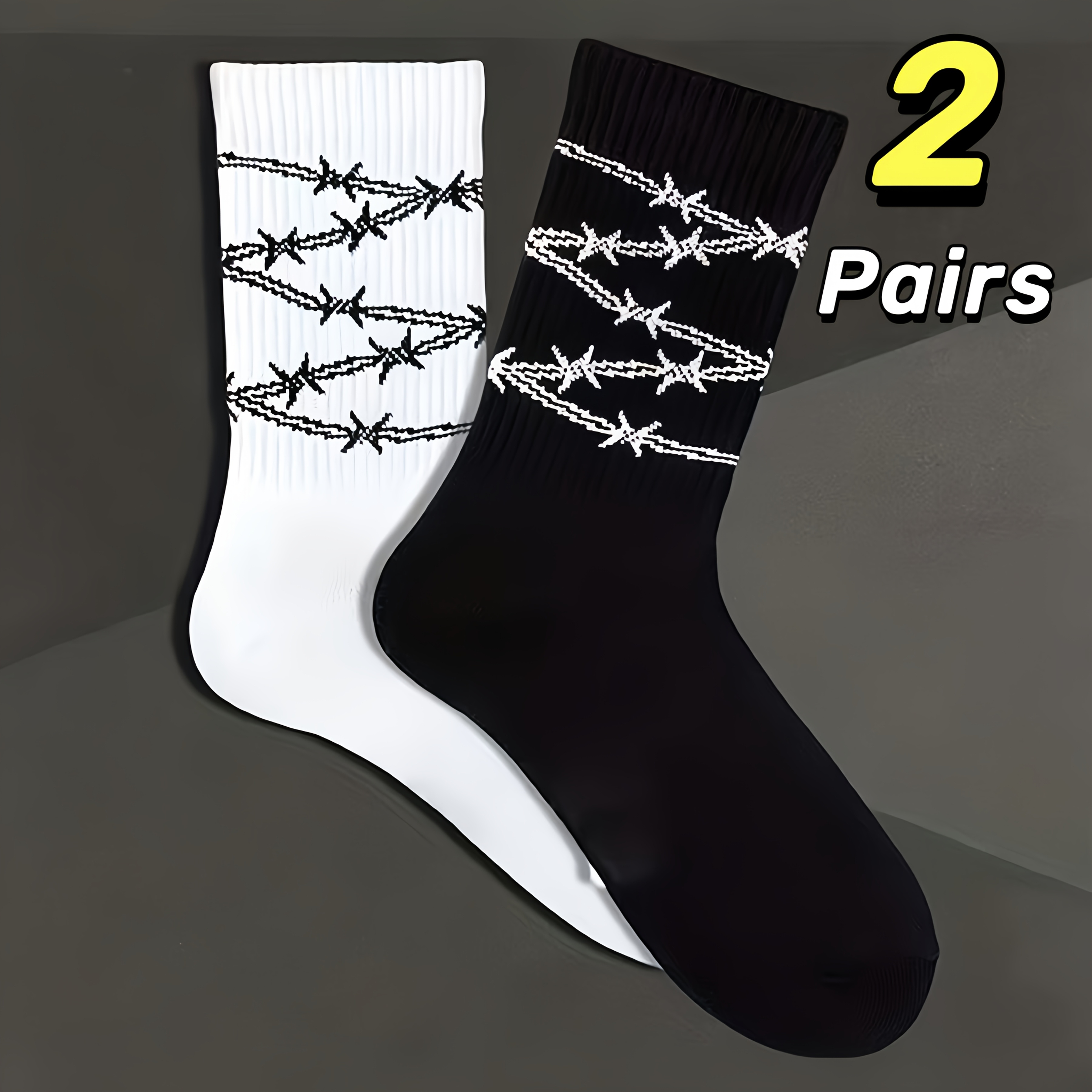 TEMU Of Black And White Pattern Mid-calf Men's Socks, Casual Knitted Pattern Sports Socks, Men's Stretch Socks, Plus-size Iron Wire Pattern White