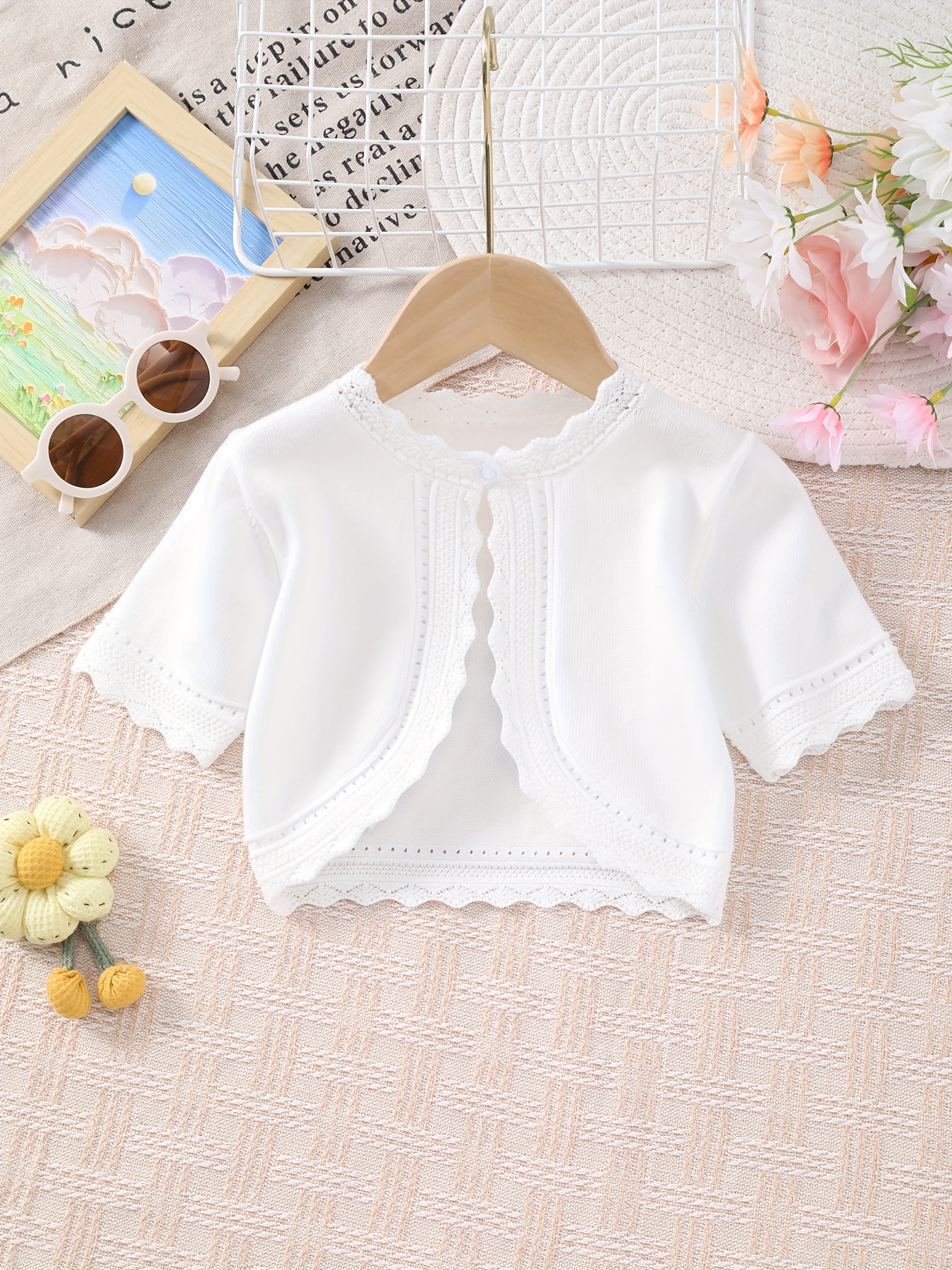 Girls' thin knitted short-sleeved cardigan with delicate lace, elegant and  fashionable summer jacket