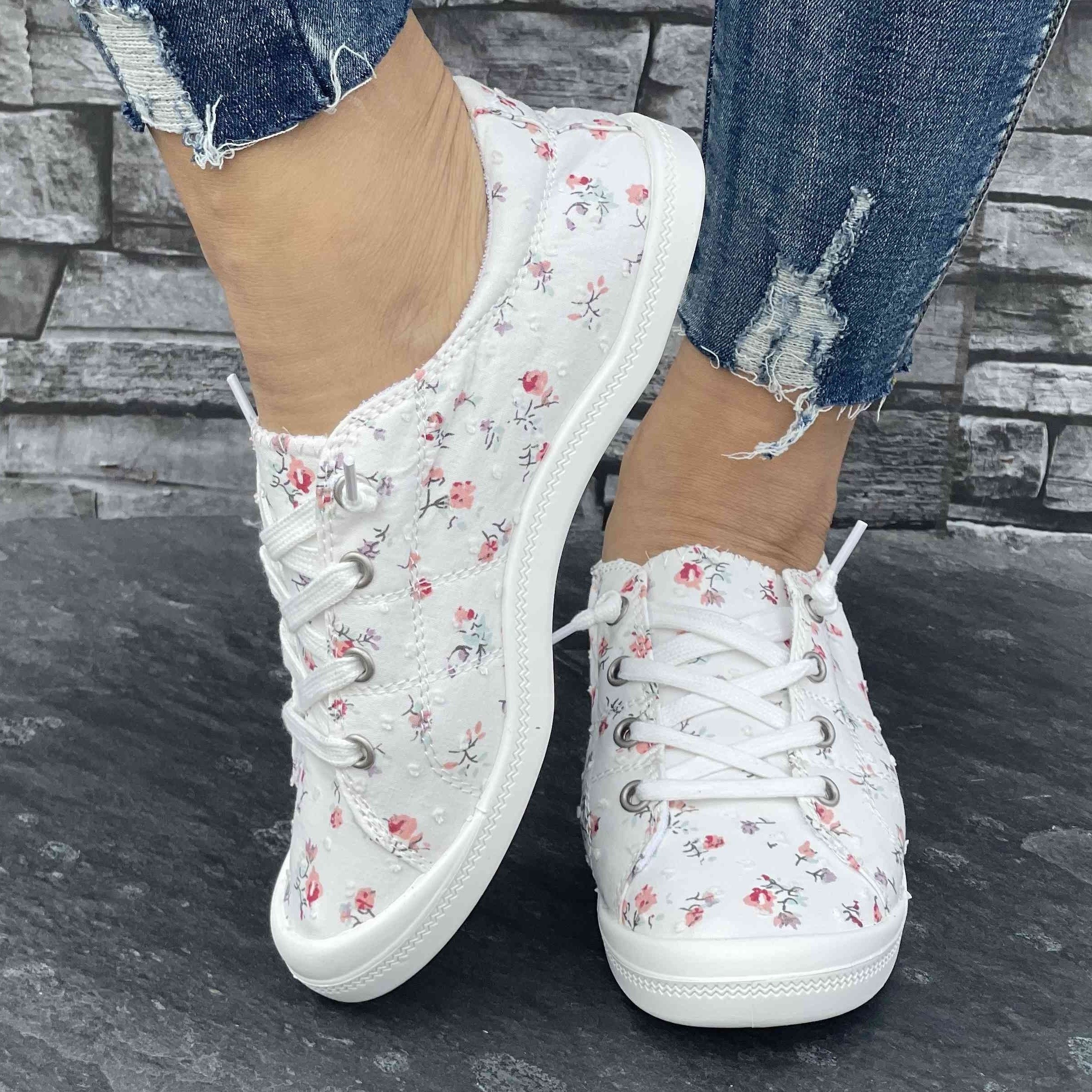 TEMU Women's New Flat Casual Sports Cloth Shoes, Fashionable Small Floral Patterns, Comfortable And Lightweight, Soft Soled Low Top Women's Shoes,
