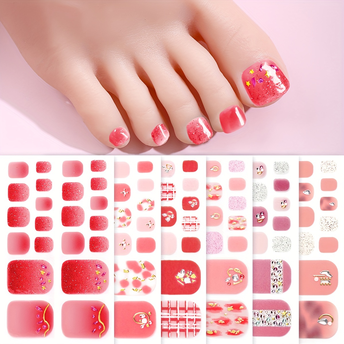

6-piece Spring Pink 3d Toe Nail Strips - Luxury Gemstone & Glitter Designs, Self-adhesive Wraps With 2 Nail Files For Easy Diy Manicure, Perfect For Women And Girls