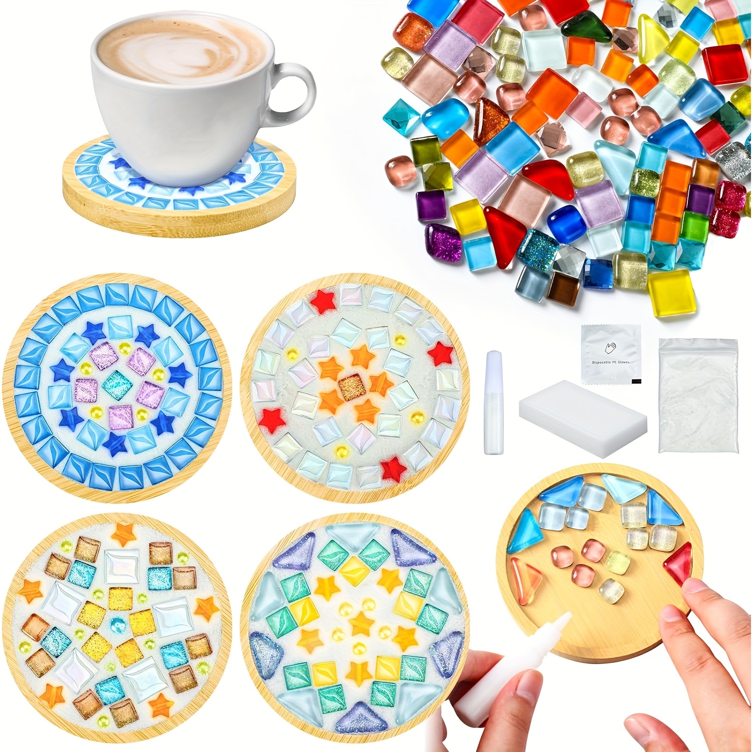TEMU 6 Sets Of Hand-made Mosaic Tiles, Mixed- Set. Coaster Set. You Your Own Mosaic Tile Coasters, Which Used As Hand-made Home Decorations Or Gifts.