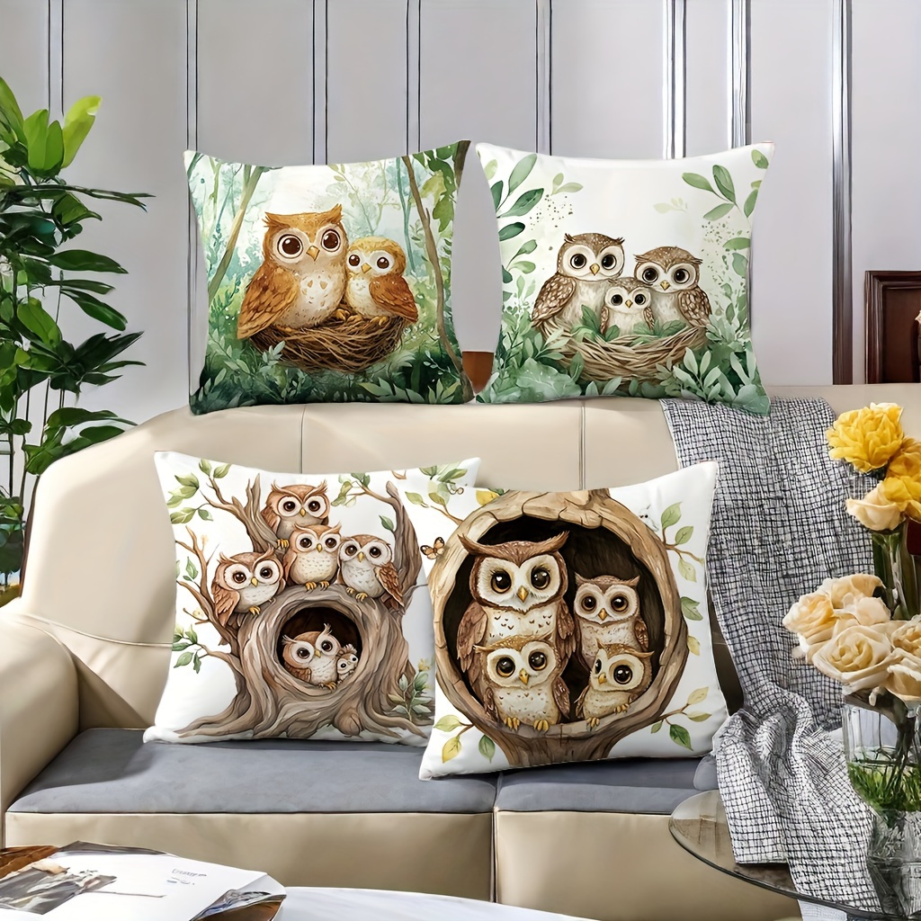 

4 Sofa Pillow Covers, 17.2 X 17.2 Inches, Cute Owl Pattern, Zipper Closure, Machine Washable Polyester Home Decoration - Suitable For Room Living Room Decoration, Sofa Decoration, No Pillow