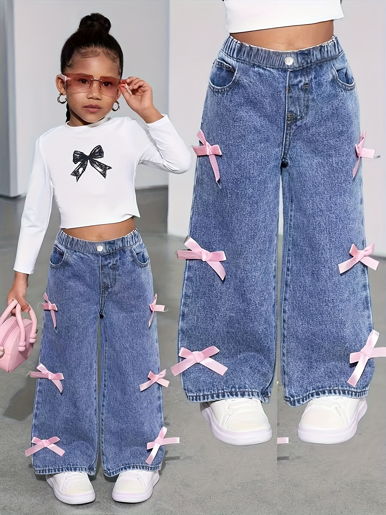 Mode Für Mädchen, Bestickte Hose, Elastische Taille, Weites Bein, Jeans