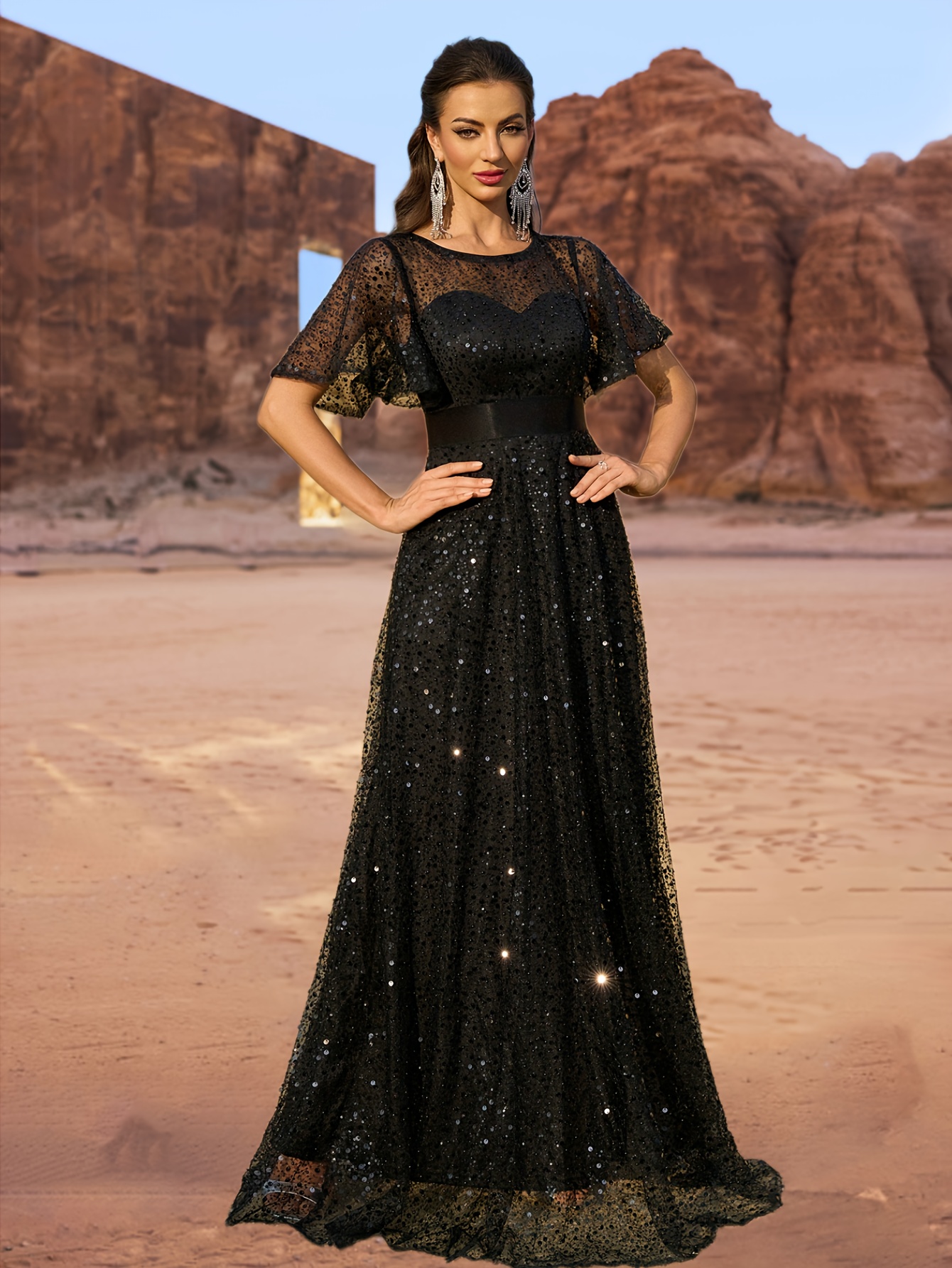 elegant black sequin embroidered evening gown - Temu Oman