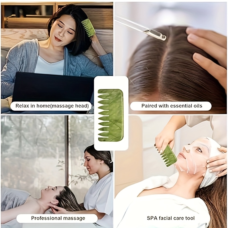 Peine de Masaje Gua Sha | Masajeador Facial y Corporal de Piedra Verde | Herramienta de Masaje Tradicional Multifuncional para el Cuidado del Cuidado del Cuero Cabelludo y la Cabeza | Diseño Ergonómico para Mejorar la Circulación y la Relajación. Ideal para Uso Doméstico o Profesional como