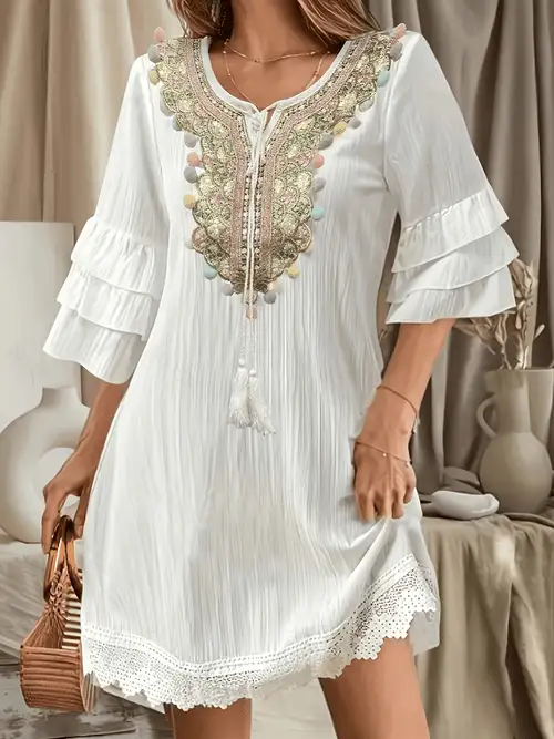 boho pom pom dress Long Sleeve Lace Pom Pom Dress - White