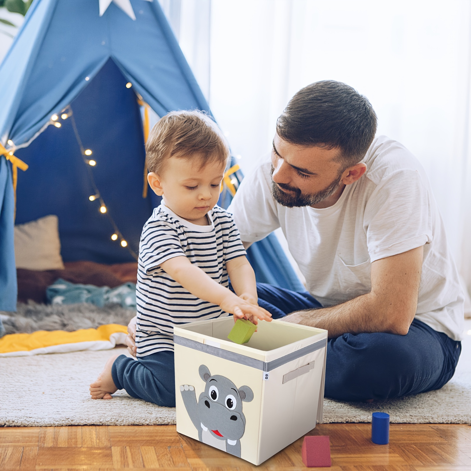Foldable Cartoon Animal Storage Box with Lid and Handles, Large Capacity