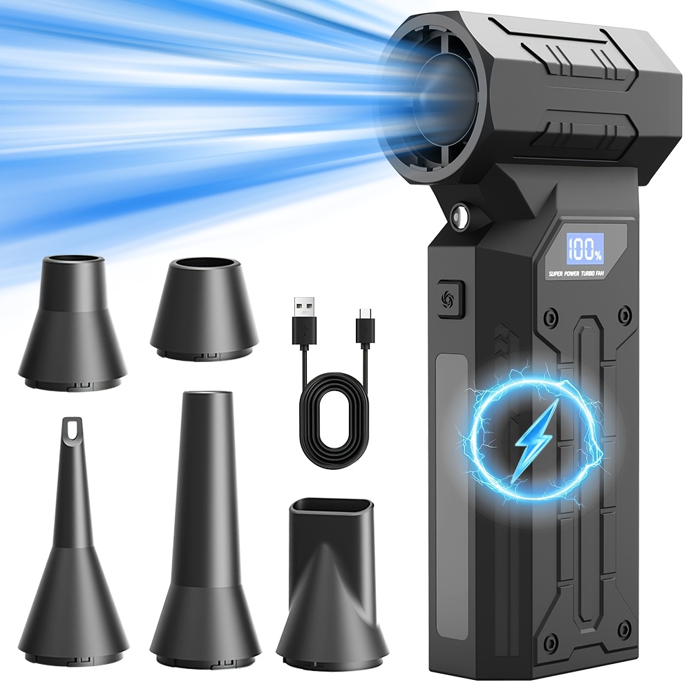 TEMU 4 Gears Adjustable Turbo Blower 140000rpm, Portable Electric Air Duster With 5 Nozzles Led Light Digital Display Type-c Charging Car Violent Fan
