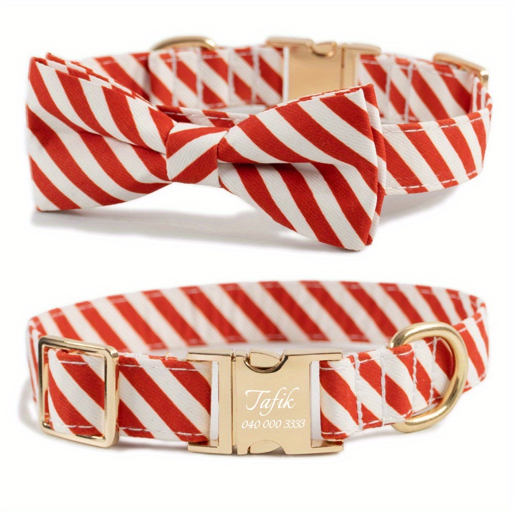 TEMU Collier pour animal de compagnie personnalisé avec nom personnalisé - Style de Noël ajustable pour chats et chiens, design à rayures rouges et