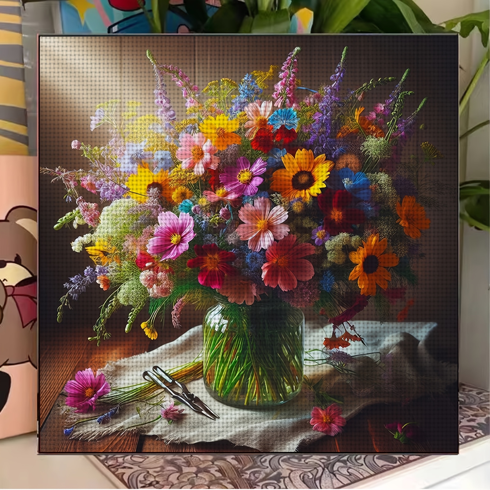 Complete DIY Cross Stitch Kit, Colorful Flower Bouquet Embroidery