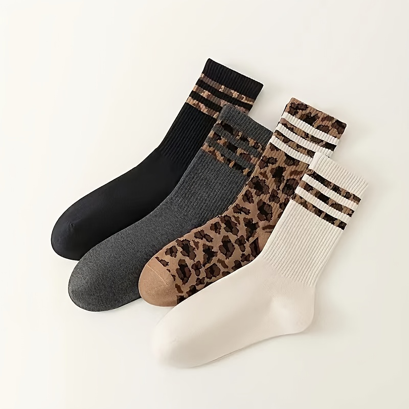 E-shop 4 Paar Ganzjahres-Kurzsocken mit Leopardenmuster, Vielseitig, Hochgeschnitten, Bequem Weich