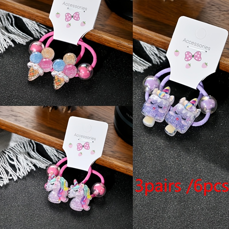 Image of 6pcs Cute Unicorn Ice Cream Bead Hair Ties Rainbow Pony Scrunchies Hair Bands Ponytail Holders
