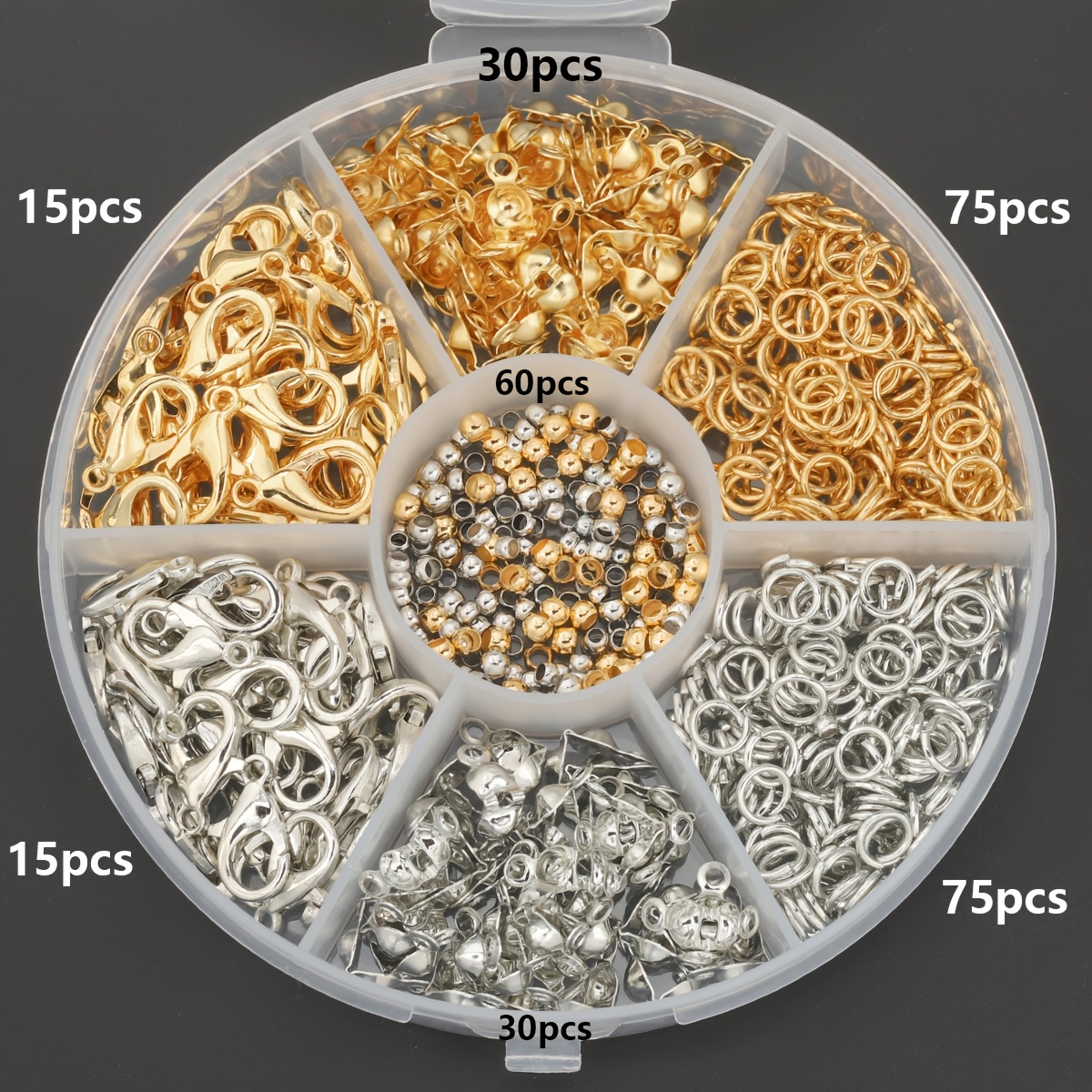 TEMU 300 pezzi/scatola di componenti per di chiusure per gioielli, inclusi 30 pezzi di chiusure a moschettone, 60 pezzi di perline di posizionamento,
