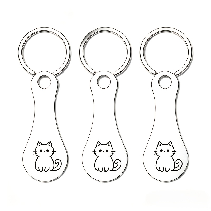 TEMU 3pcs Cute Kitten Cart Token Keychain Set Suitable For Supermarket | Shopping Cart Key - Stainless Steel Key Ring With Coin Insertion For Trolley