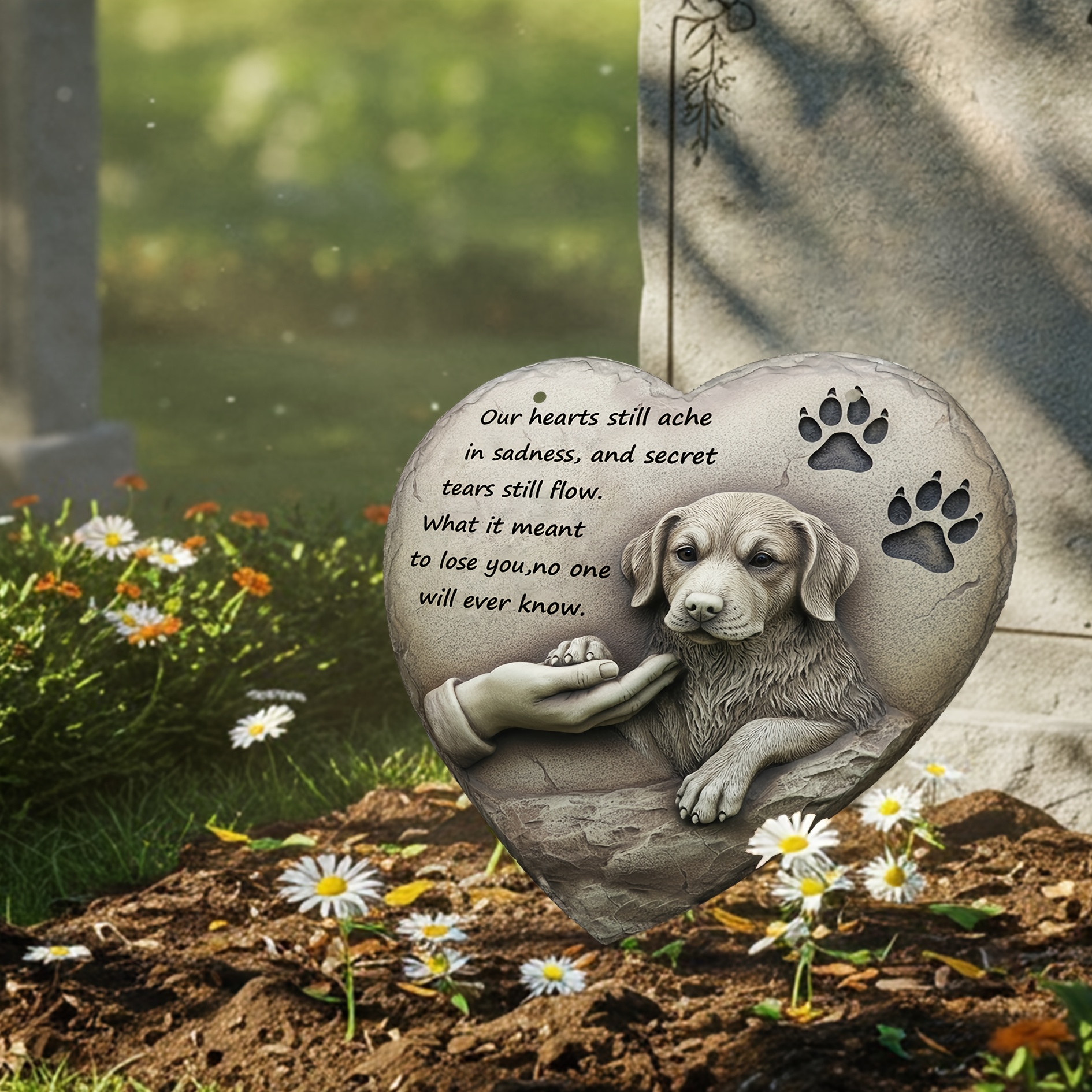 

1pc Memorial Stone With Engraved Dog & - "our Hearts Still " Message - Resin Garden Decor For - Perfect Sympathy Gift, Indoor/outdoor Use, 6.3"x6.3, Memorial Day Decorations