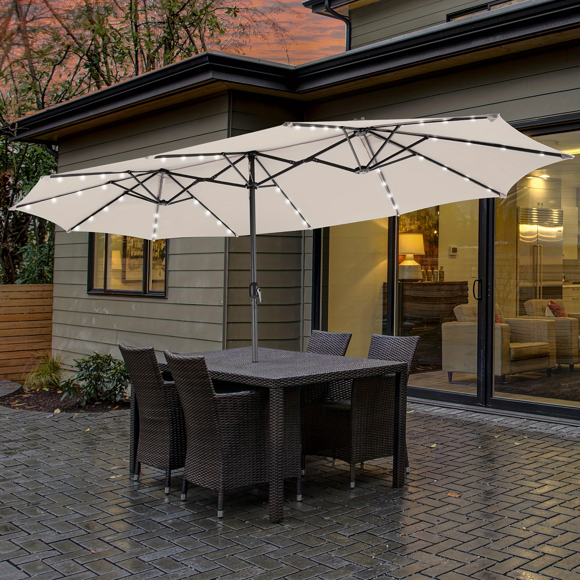 TEMU Costway 15ft Twin Patio Double-sided Umbrella 48 Solar Led Lights Crank Outdoor Beige