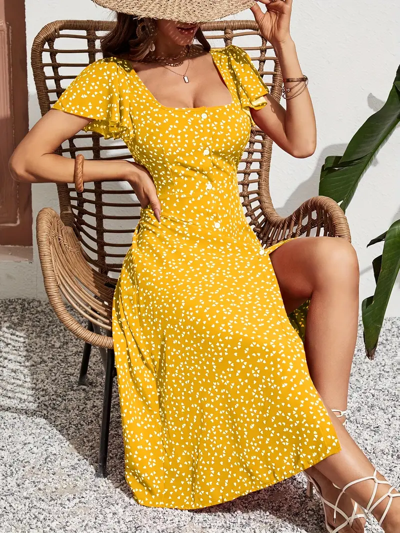 yellow short summer dresses Under$5 Yteetum Yellow Summer Dresses for Women Casual V-neck Print Open Back Dress Female Loose Eyelet Pleated Elastic Waist Short Sleeve Long