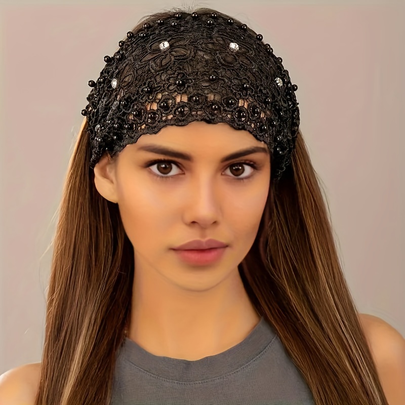 

4-piece Boho Lace Hairband With Faux Pearls, Wide Hollow Hairband, Vintage Stretch Hair Accessories